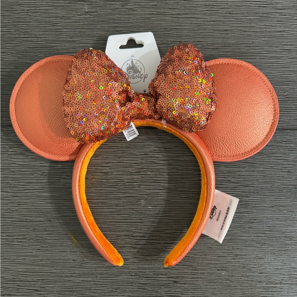 NEW Minnie Mouse Ear Headband with Sequined Bow for Adults – Peach Punch